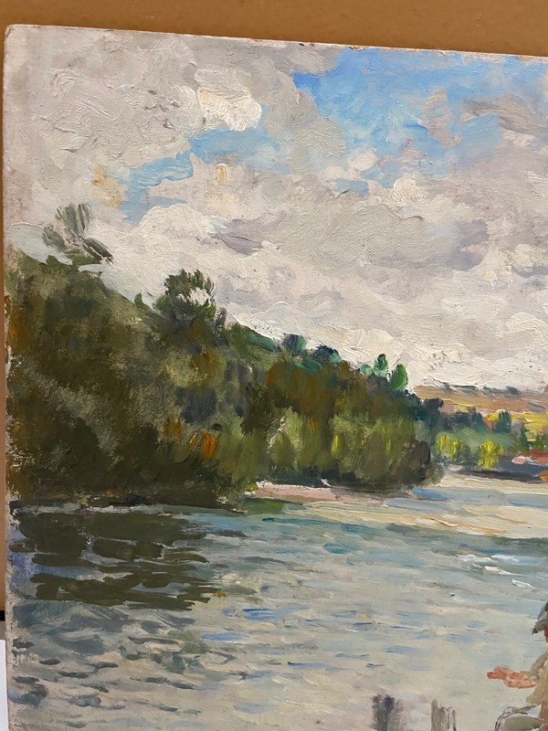 vintage oil on card board man fishing in imptessionist gallery