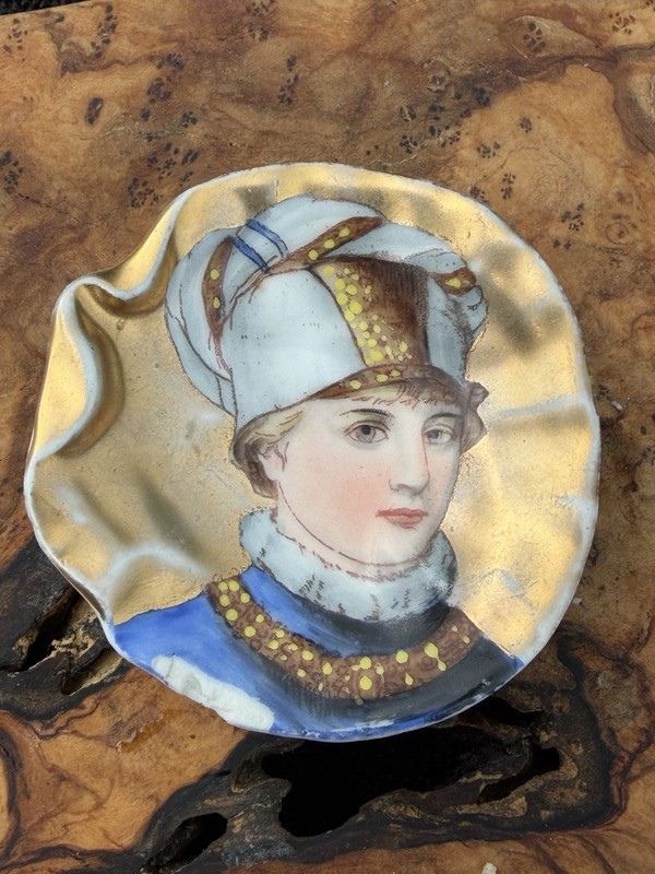 Antique Gebruder Heubach Miniature Figure Painting On Porcelain Plate Gold Gilt