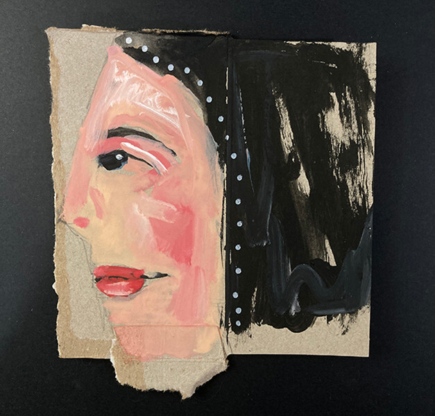 Woman Portrait Painting Pink Expressive Original Outsider Red Lipstick Folk Art