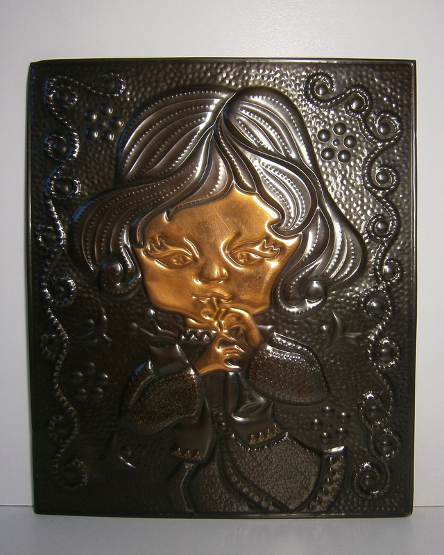 Little Girl Playing Flute Portrait 70s Vtg Art Metal Picture Fife Music Painting