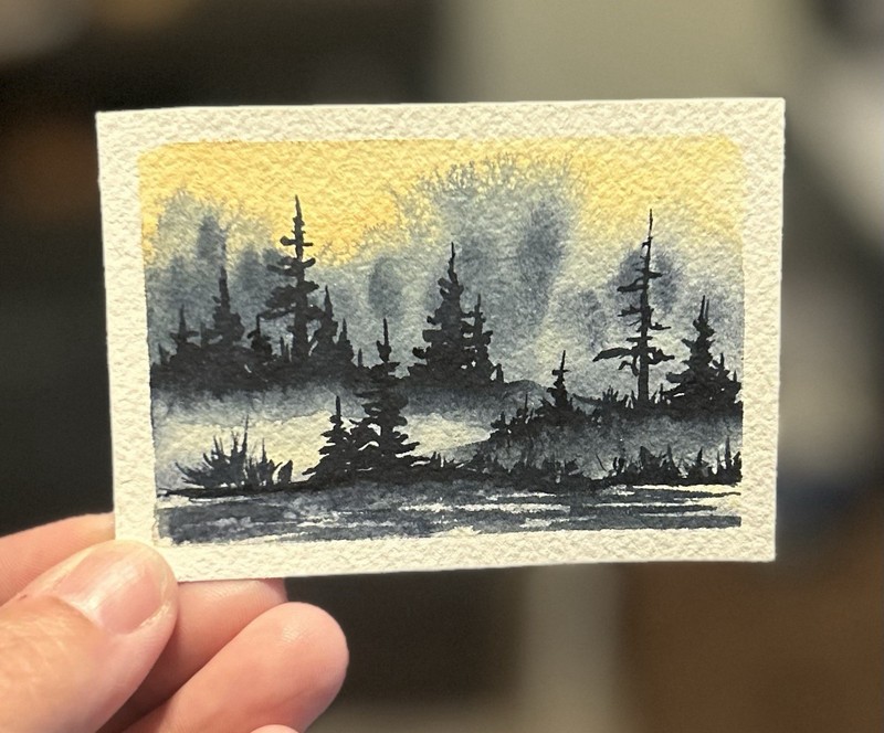 ACEO Calming Blues Riverside, Watercolor Landscape Painting By Sasha Lehto