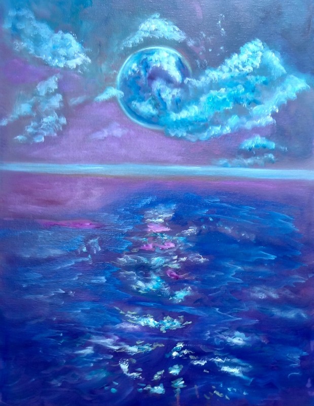 HAWAII ARTIST «BLUE MOON». Original Oil Signed,One of a Kind Hand Painted