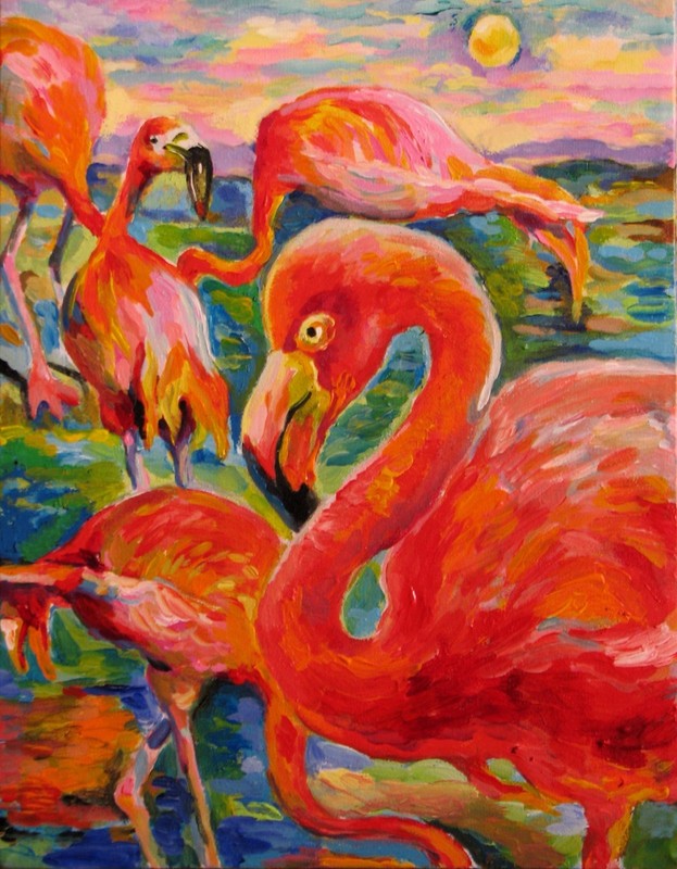 Flamingos ORIGINAL Acrylic PAINTING on stretched canvas 11″x14″x1″by L Angel