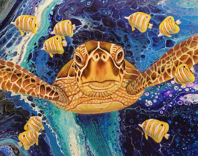SEA TURTLE AND BUTTERFLY FISH Fluid pour/airbrushed original painting