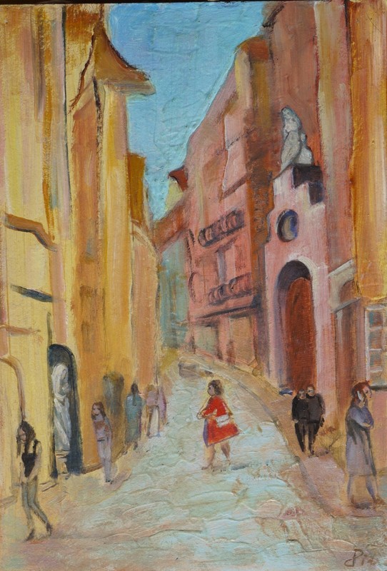 Oil painting original mixed media cardboard Old town 21×29 cm Dora Pilssala