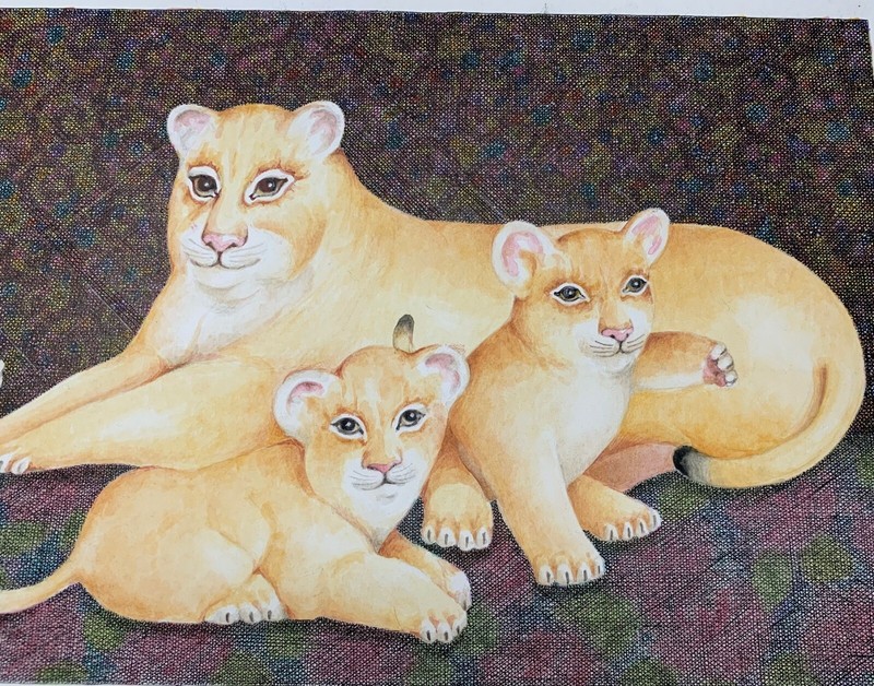 Vintage BEN BLACK 'Cat and her Kittens' Mixed Media Painting - Royal Doulton Art gallery