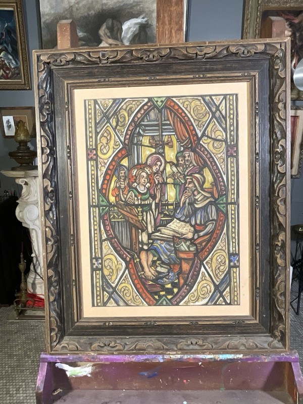 Vintage Religious Stained Glass Design Painting Gothic Ecclesiastical Art Framed
