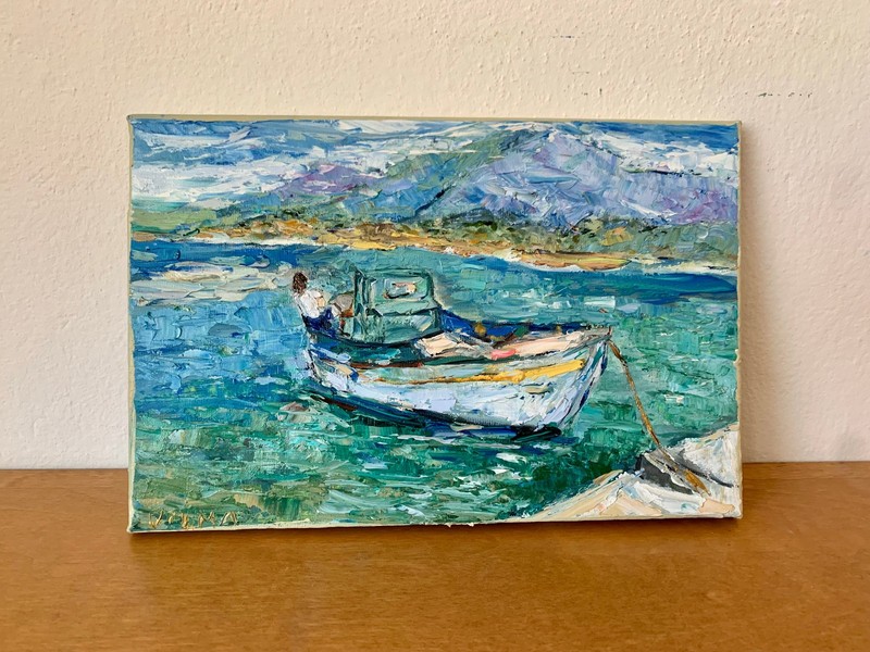 Greece Seascape Oil Painting on Canvas Boat by the Sea Painting