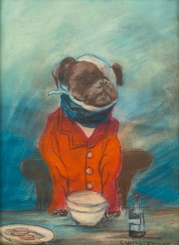 Vintage Mid Century Signed Framed Dog Pastel, Bulldog in Coat at the Table gallery