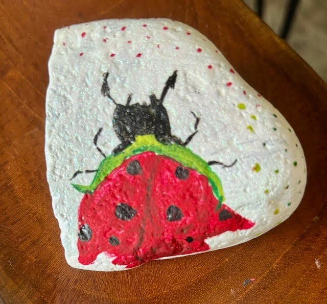 Hand Painted Rock Collectible Kindness Art "Rose Ladybug" outdoor garden decor gallery