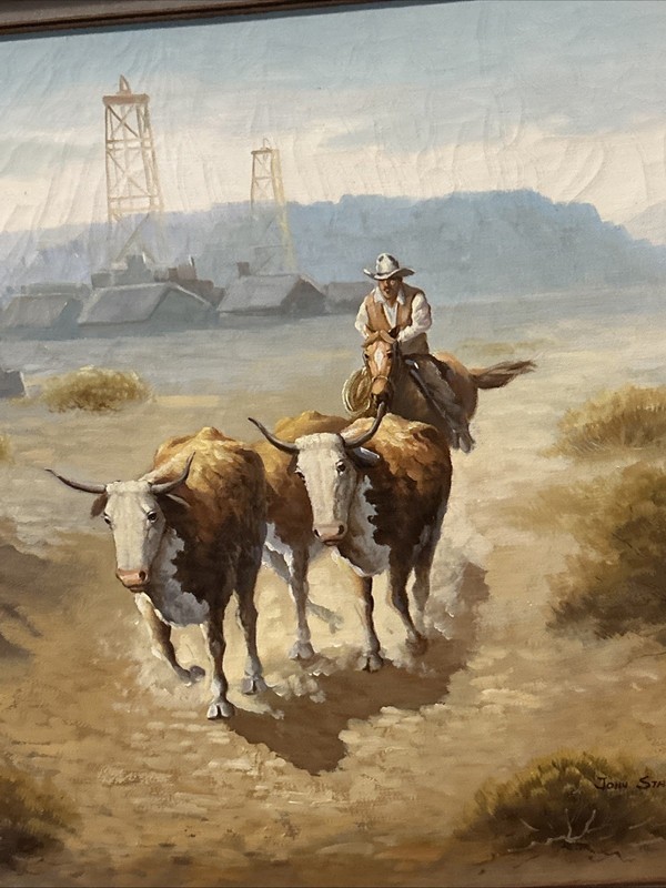 Western Cowboy Oil Derricks In Background Oil On Canvas By John Stanford gallery