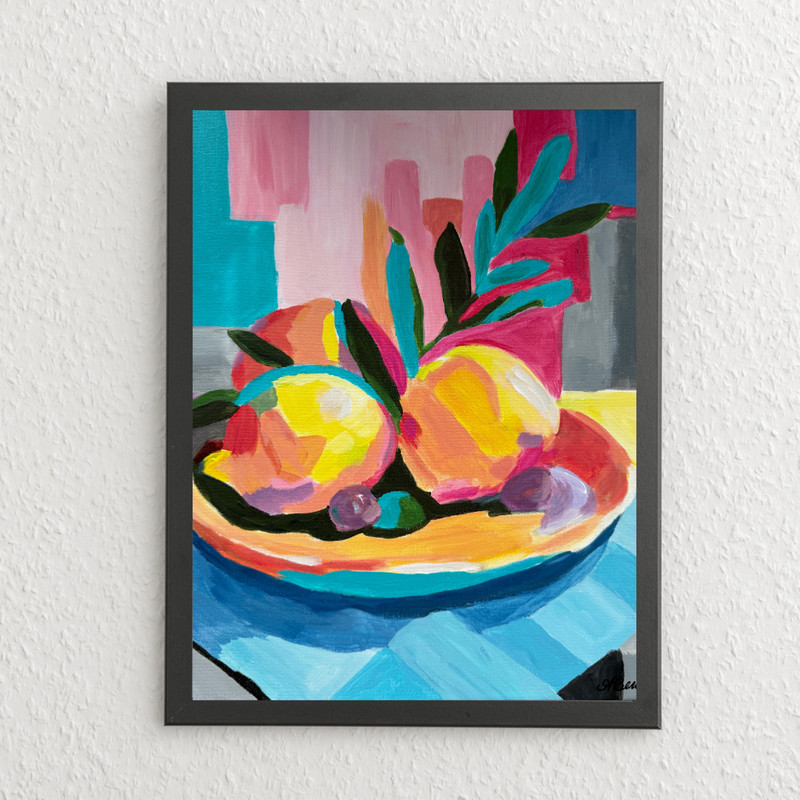 Abstract Expressionism Living Room Wall Art 11×14 Canvas – Lemons and Olives