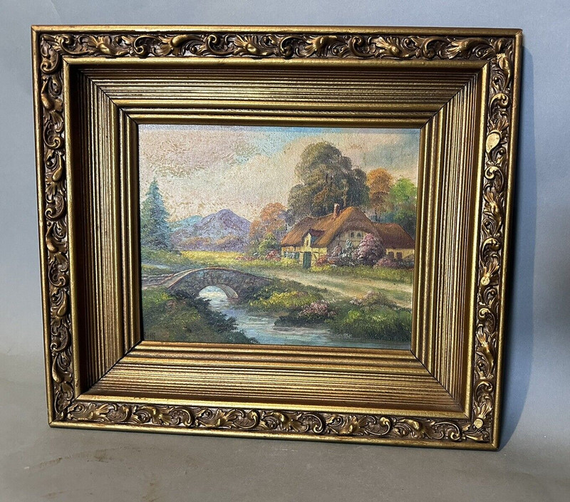 Vintage Oil Painting Landscape Cottage and Stream Gilt Wood Frame Signed Roth