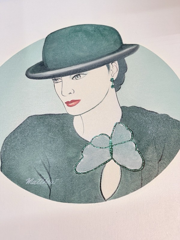 80s Fashion Woman Silly Hat Butterfly Metallic Painting On Canvas 19×15 16×12