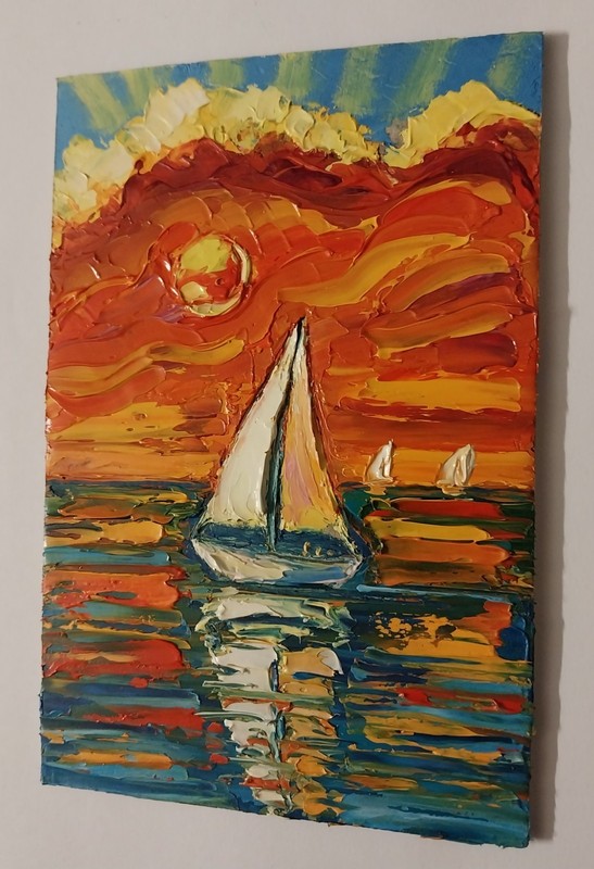 Framed Red Sunset Seascape Sailboat Art Mini Seascape 4x6” Original Oil Painting gallery