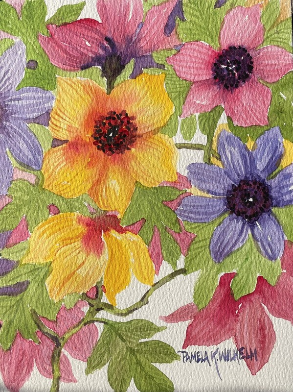 Pamela Wilhelm original 6”x8” Watercolor Garden Flowers Pink Violet Yellow Green