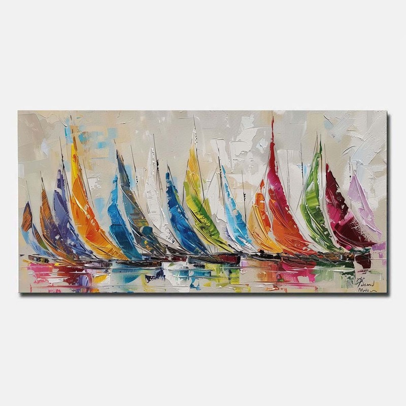 Red Hand Painted Oil Painting On Canvas Abstract Wall Art Sailing boat