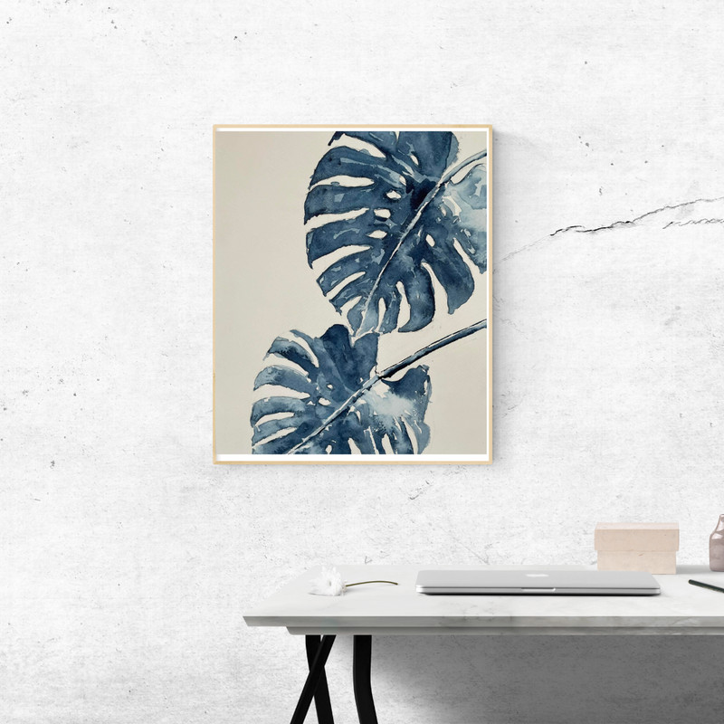 Original Watercolor Painting Blue Monstera Leaf Botanical Wall Art Hand Painted gallery