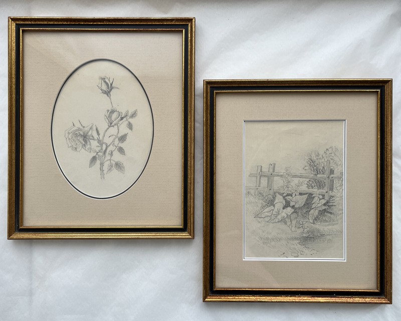 Pencil Drawings Pair Framed Matted UnSigned 9 x 10.5″ Roses + Garden Scene