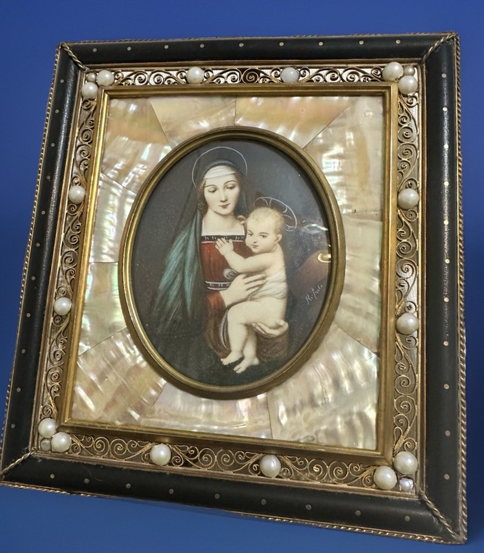 ANTIQUE HAND PAINTING MINIATURE SIGNED,MOTHER OF PEARL ,BRONZE AND PEARLS.c1900
