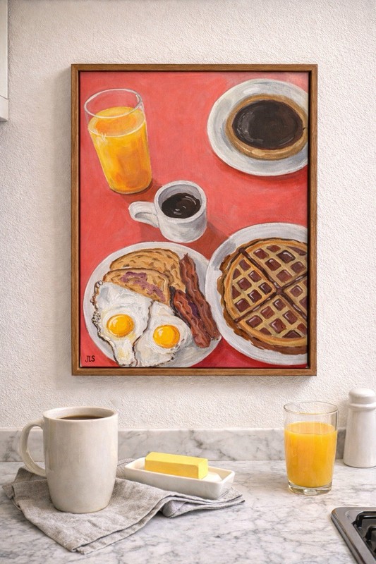 Diner Breakfast Painting Eggs Waffles Coffee Nostalgic Kitchen Wall Art