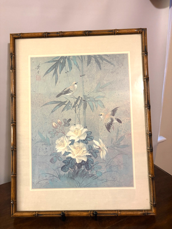 Vintage Framed 16″x12″ Blue Teal Asian Oriental Wall Art Birds Flowers Bamboo