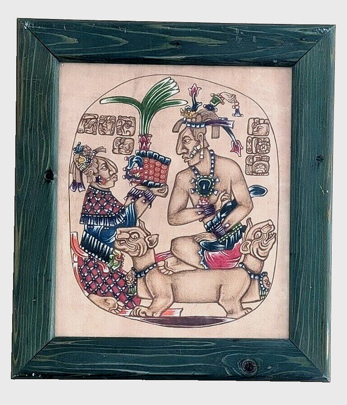 Rare Mayan Mexican Mesoamerican Painting of Pacal the Great on Bark Paper