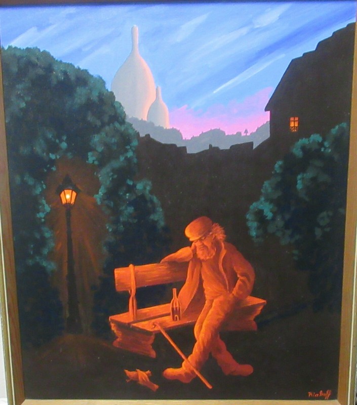 NICOLAS RIABOFF MAN ON A BENCH WITH A BOTTLE OF LIQUOR OIL ON CANVAS PAINTING