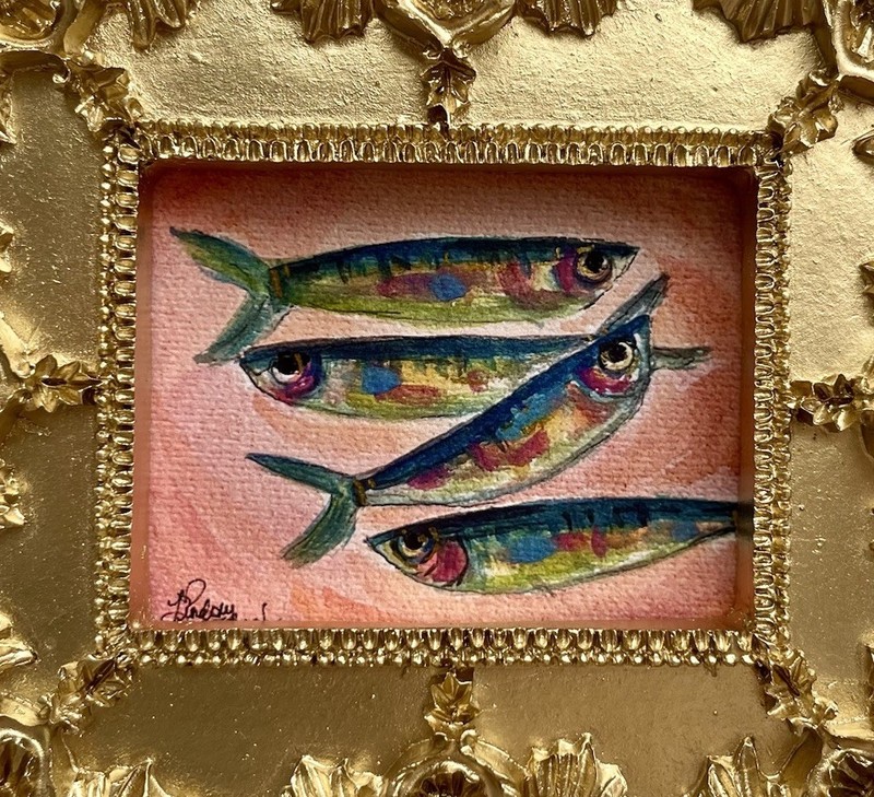 Colorful Sardines watercolor fish print in mini gold vintage style ornate frame gallery