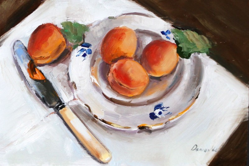 VINTAGE plate and apricots Oil Painting 8x12in Demenko
