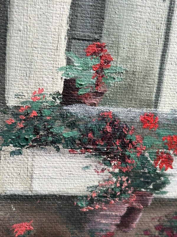 Original Oil on Canvas French Street Scene, Lady and Cat, Signed, Framed 28" gallery