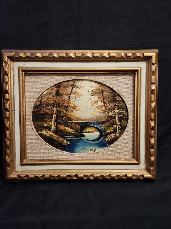 Vintage Original Oil Painting By P. Klaus Autumn Landscape Stone Bridge River