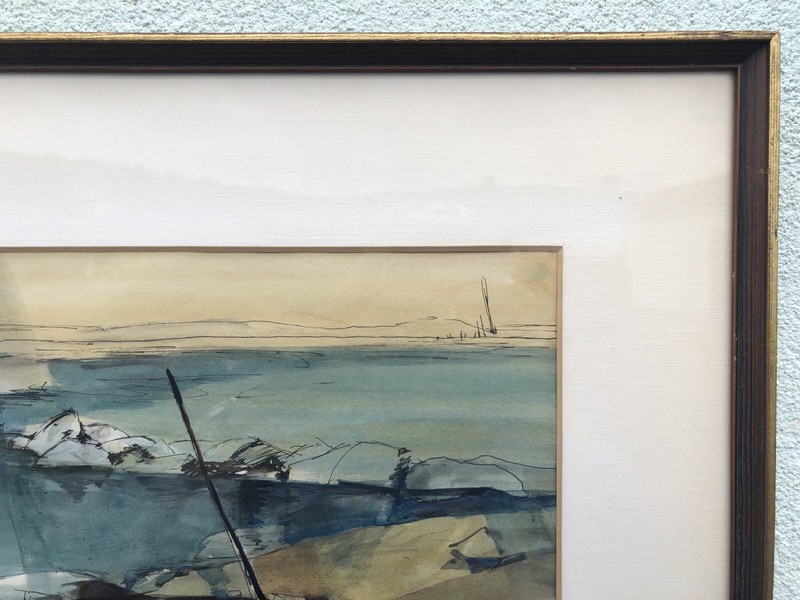 Signed Adele Giles Mid Century WC Of A Rocky Beach 16” X 18 1/2” gallery