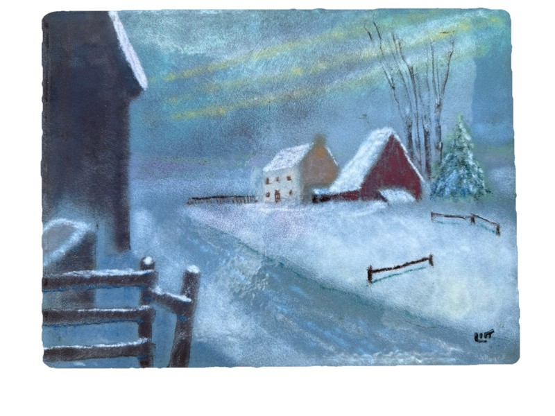 Enamel on Copper Winter Scape Snow Farmhouse Barn Signed Walt Litt gallery