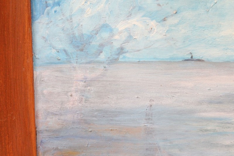Vintage 1959 Oil Painting 15x23 Lone Harbor Village Nautical Ocean Folk Art gallery