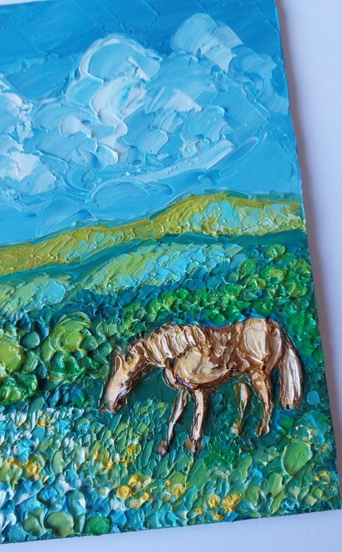 Framed Grazing Horse Texas Flowers Meadow Art 6x6 Impasto Oil Painting Original gallery