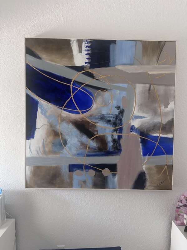 Modern Abstract Framed Painting, Royal Blue Brown Gray Gold Leaf, 50″ x 50″