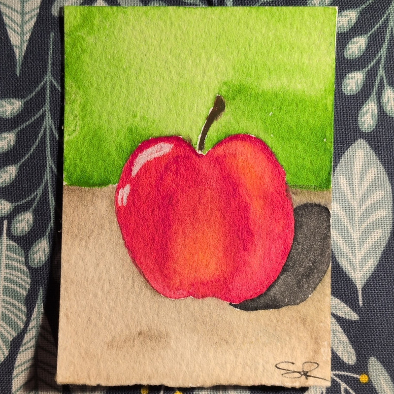 Signed Original Realism Apple Still Life Painting on Paper, ACEO 2.5×3.5