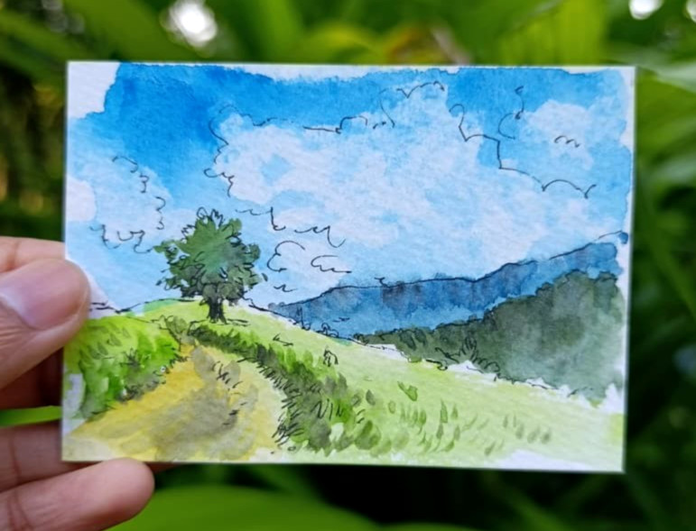ACEO OOAK Watercolor Pen Ink Original Art Miniature Painting Green Valley Art