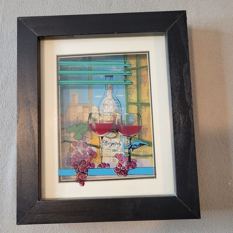 Jean Pierre Weill «Burgundy Wine» Grapes Paint 3D Glass Framed Art Vitreography