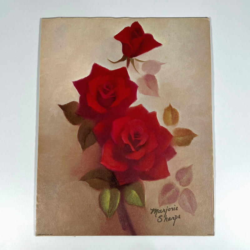 Vintage Marjorie Sharpe Red Roses Canvas Texture Floral Print Wall Art 14″ x 11″