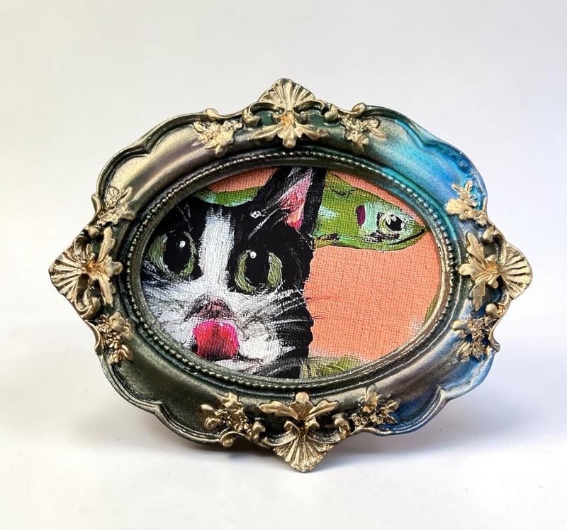 “Cat 🐈‍⬛ Snacks” custom mini framed animal print in vintage style ornate frame