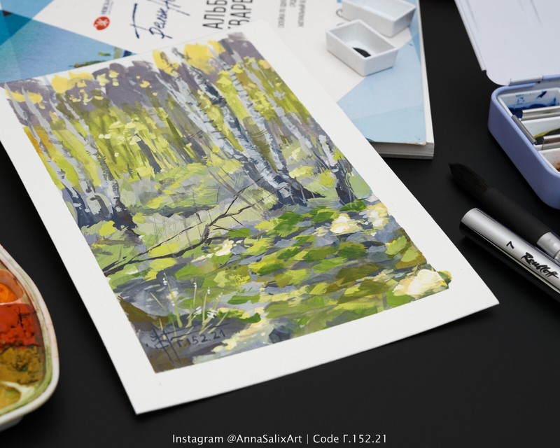 Original Birch Forest Landscape Gouache Painting, Spring Trees Still Life Art gallery