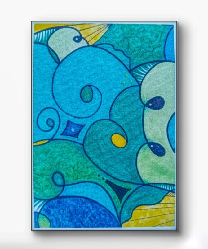 ACEO PRINT of Original Abstract Blue Green Yellow Acrylic & Pencil Charlene Slie