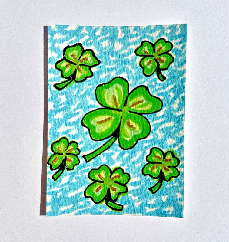Original ACEO ATC Four Leaf Clover Nature OOAK Miniature Painting Art