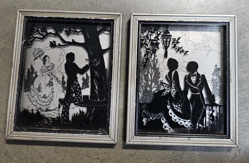 TWO VTG ART DECO Silhouettes Reverse painted on Glass by Deltex CO 1930s