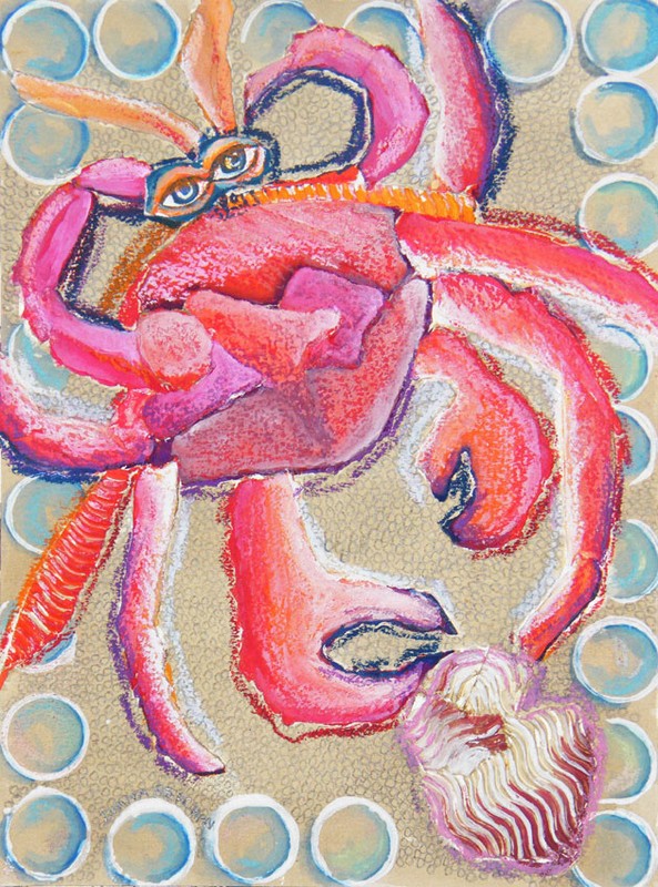 Original Cancer Zodiac Gouache (Watercolor) Painting Mixed Media Collage