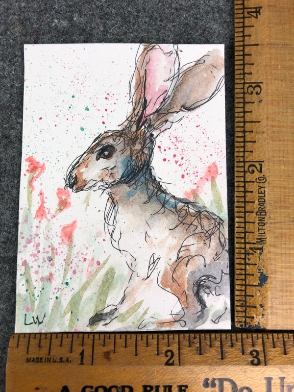 AECO Rabbit #2 OOAK Original Pen Ink Watercolor Painting 2.5 x 3.5″ Lawn Walker