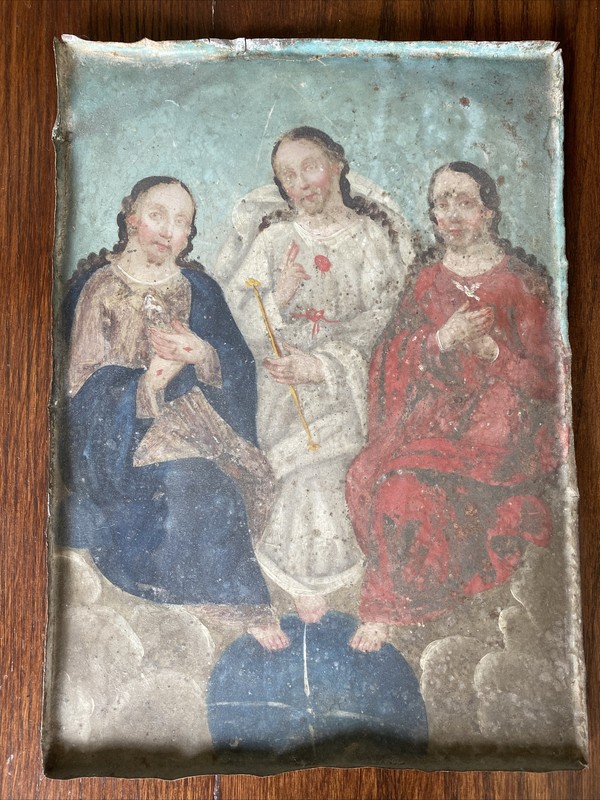 Antique Spanish Colonial Painting/ Retablo – La Trinidad Trinity 10” x 14”