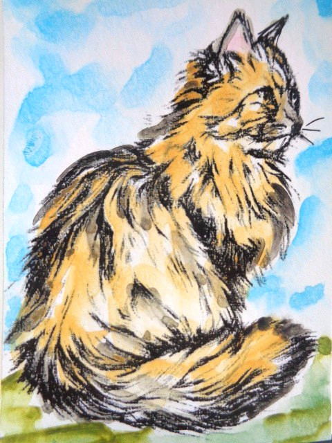 ACEO Original SUPER CUTE LONG-HAIRED FLUFFY KITTY CAT Watercolor Painting